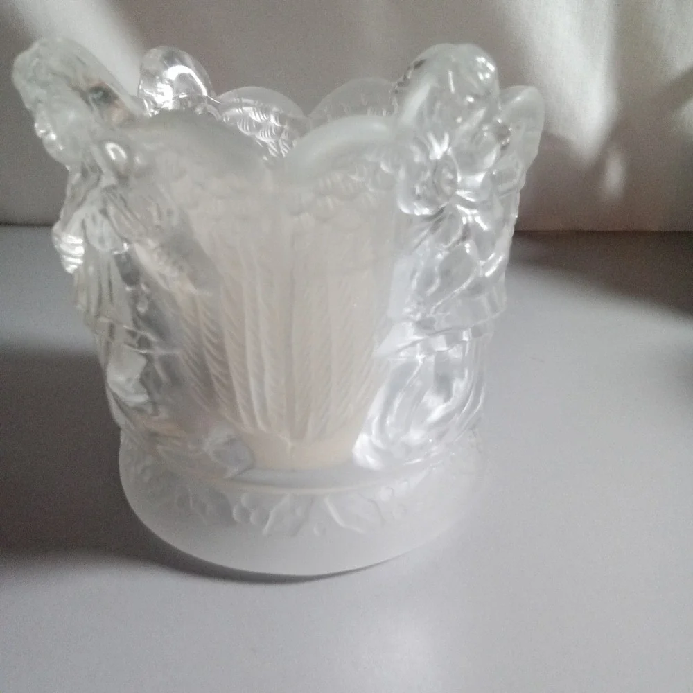Frosted Glass Musical Angel Votive Candle Holder Cherub Relief 4.5 Inch